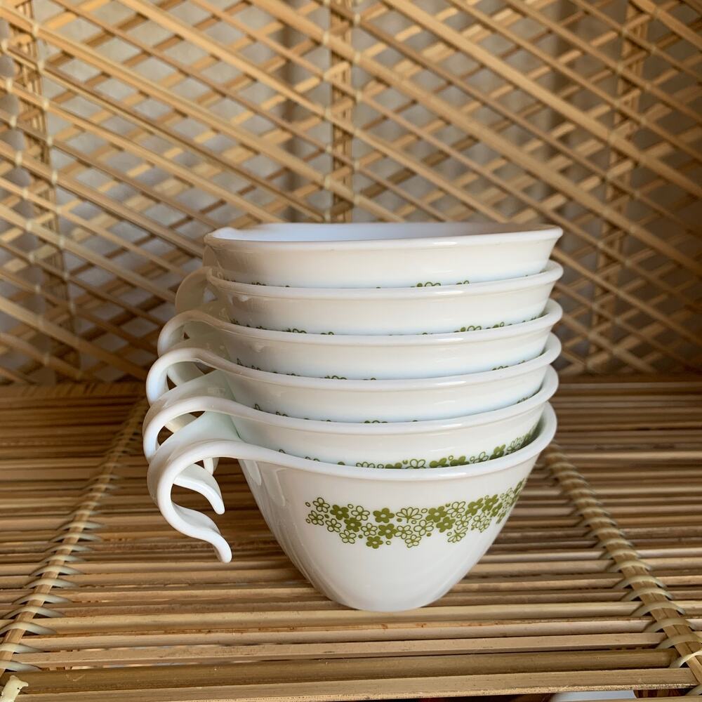 Vintage Green Crazy Daisy Corelle by Corning Teacups Hook Handle Set of 6